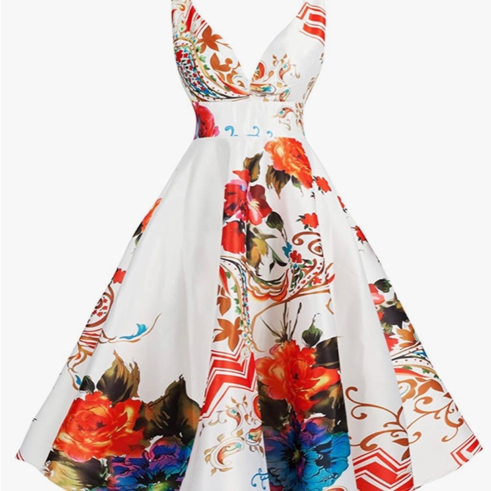 Deep V-Neck Floral Printed Satin Cocktail Swing Dress